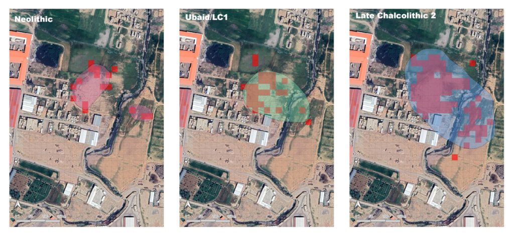 Figure 4: distribution of materials (red squares) and estimated site size during the different periods of occupation of Tell ‘Arna.