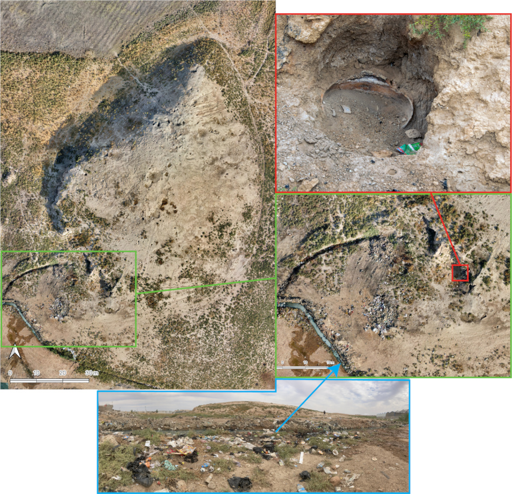 Figure 8: Photos from Tell ‘Arna documenting part of the damage at the site including bulldozing of the southwest corner of the site, refuse discard on the site, and cutting a sewage drain through the site.