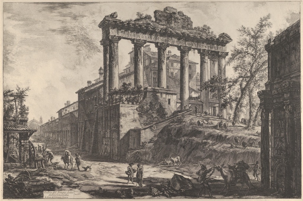 View of the so-called Temple of Concord with the Temple of Saturn, on the right the Arch of Septimius Severus, by Giovanni Battista Piranesi. 1760-78. Metropolitan Museum of Art 2012.136.916. Public Domain.