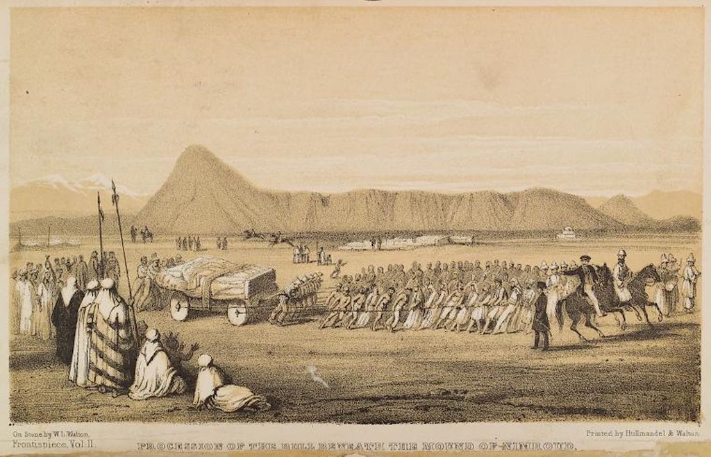 "Procession of the bull beneath the mound of Nimroud." Frontispiece from Volume II of Nineveh and Its Remains by A.H. Layard (1849); Lithograph by W.L. Watson. Image: The New York Public Library Digital Collections (OCLC 700101). Public Domain.