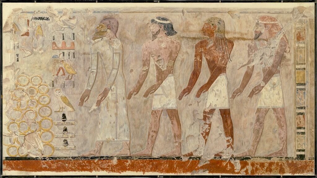 Facsimile of a painting from the tomb of Puimre (TT39; reign of Thutmose III): Four foreign rulers show their respect at the Egyptian court. Painting by Norman de Garis Davies (1915), held by the Metropolitan Museum of Art (30.4.13). Public Domain.