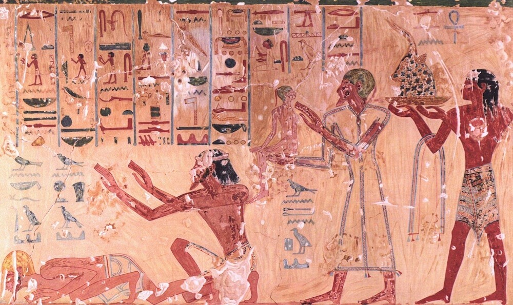 Facsimile of a painting from the Tomb of Menkheperraseneb (TT86) depicting Aegean and Syrian rulers at the court of Thutmose III. The third figure from the left is the prince of Tunip presenting his son to the court. Painting by N. M. Davies, published in Ancient Egyptian Paintings Vol 1, Pl. 21. University of Chicago Press, 1936. Courtesy of the Institute for the Study of Ancient Cultures of the University of Chicago.