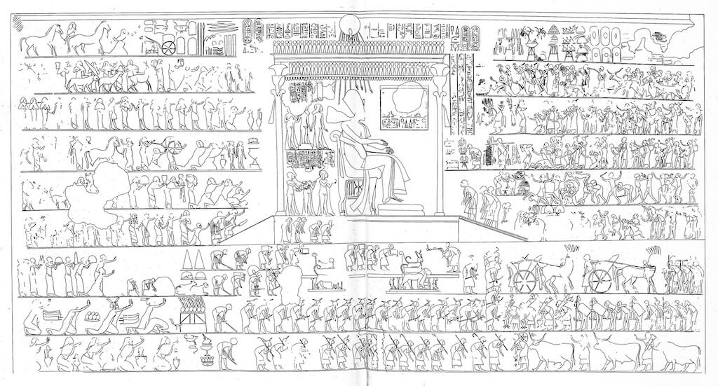 The presentation of gifts and tribute ceremony, celebrated in the 12th regnal year of Akhenaten. Drawing by N. de G. Davies, The Rock Tombs of El Amarna: Part II: The Tombs of Panehesy and Meryra II (London, 1905), pl. 37. Public Domain.