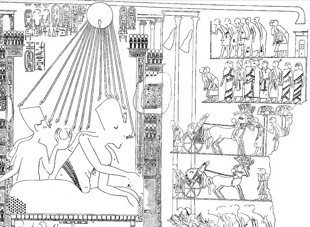 Foreigner delegations in the presence of Akhenaten and Nefertiti at the “Awarding of Gold” ceremony. Drawing from N. de G. Davies, The Rock Tombs of El Amarna: Part III: The Tombs of Huya and Ahmes (London, 1905), pl. 33. Public Domain.