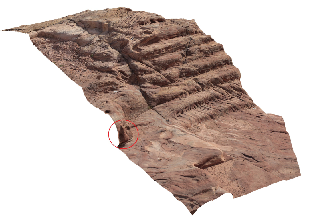 Figure 7 Photogrammetry image of a potentially undocumented nefesh at Mughar an-Nasara, to the left of the staircase in circle.