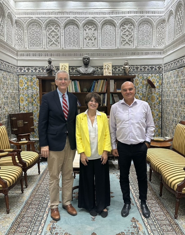 A project startup meeting at the INP in October 2024 with, from right to left, Director Tarek Baccouche (INP), Dr. Hanan Charaf (ASOR), and Executive Director Dr. Andrew G. Vaughn (ASOR).