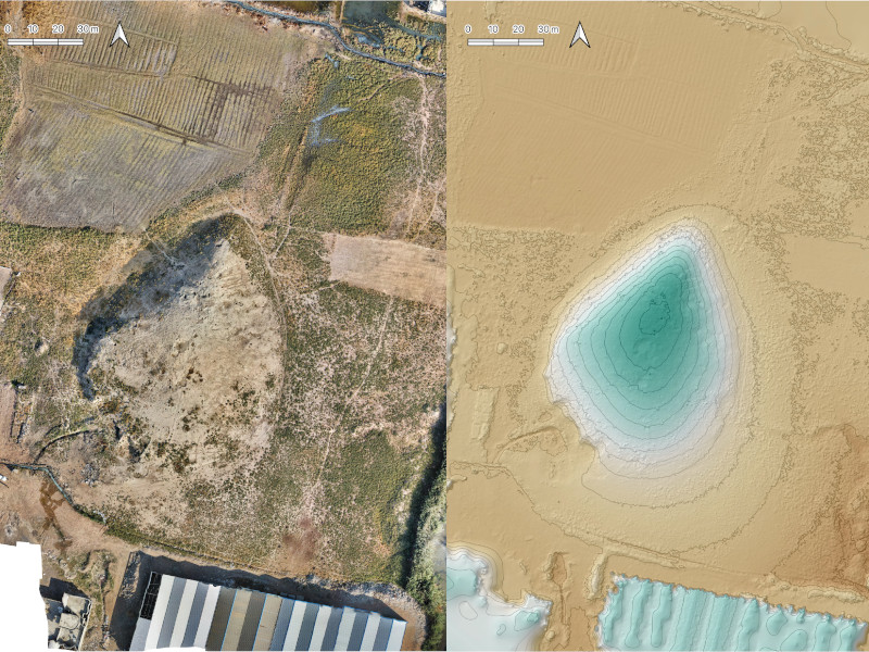 Figure 2: Orthophoto of Tell ‘Arna (left), DEM and contour map of the site (right).