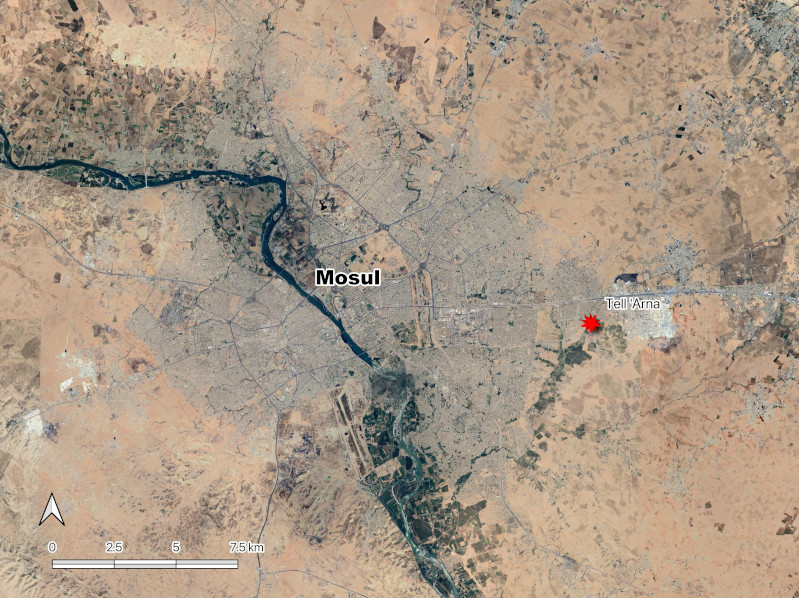 Figure 1: Location of Tell Arna on the eastern edge of the city of Mosul, northern Iraq.